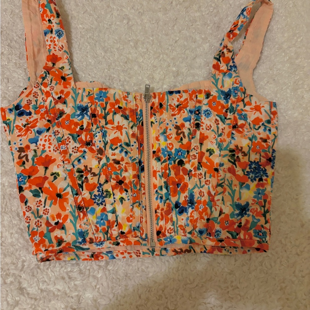 Showpo Floral Crop Top in Orange and Blue